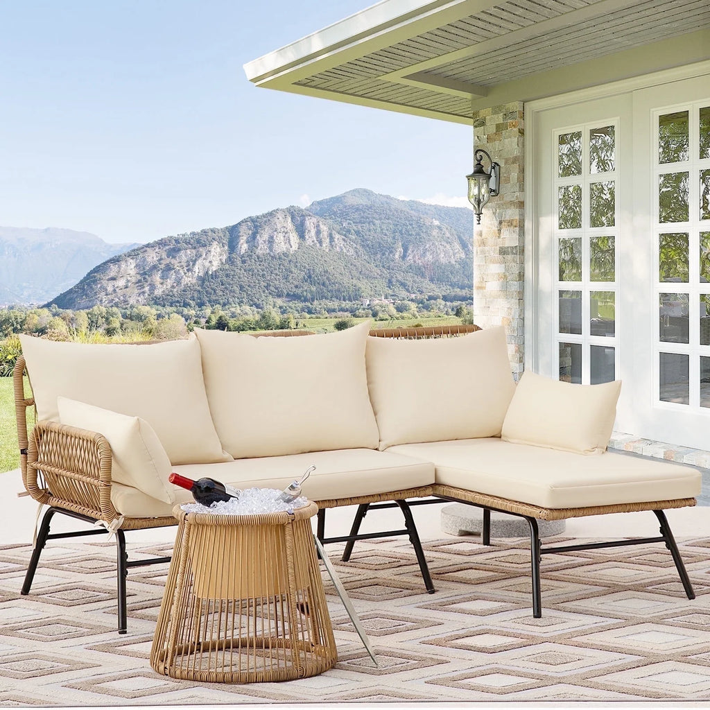 RADIATA 6-Piece Boho Patio Furniture Set, Outdoor Wicker Sectional Sofa Conversation Set with Ice Bucket & Coffee Table, 500lbs Capacity, Beige