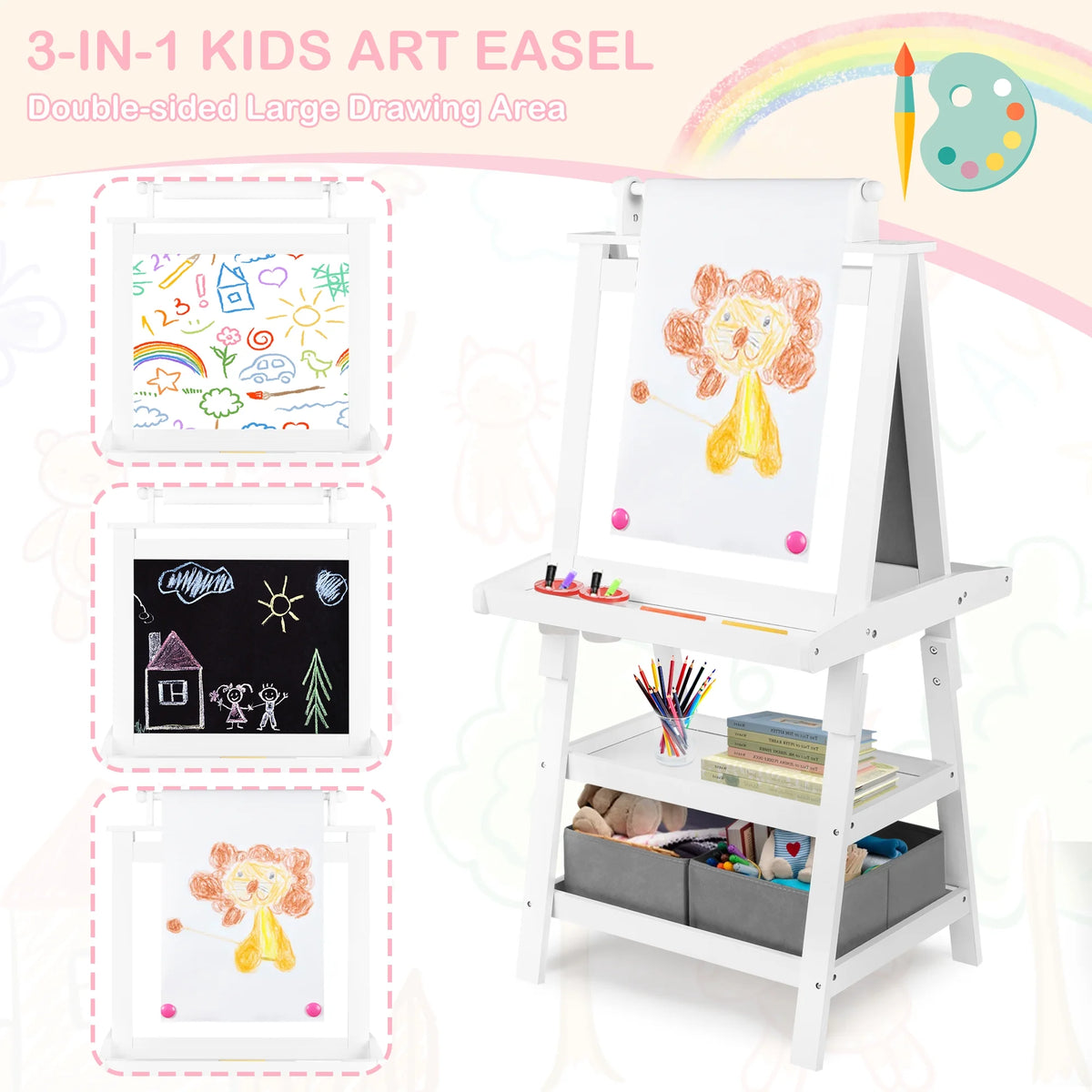 LINLUX 3 in 1 Art Easel for Kid, Whiteboard for Kid with Stand, Magnetic Chalkboard Pizarra, Grey