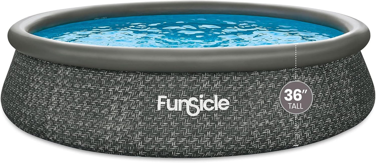 Funsicle 12 Foot by 36 Inch Quickset Round Inflatable Ring Top Outdoor Above Ground Swimming Pool Set with Pump and Cartridge Filter, Dark Herringbone
