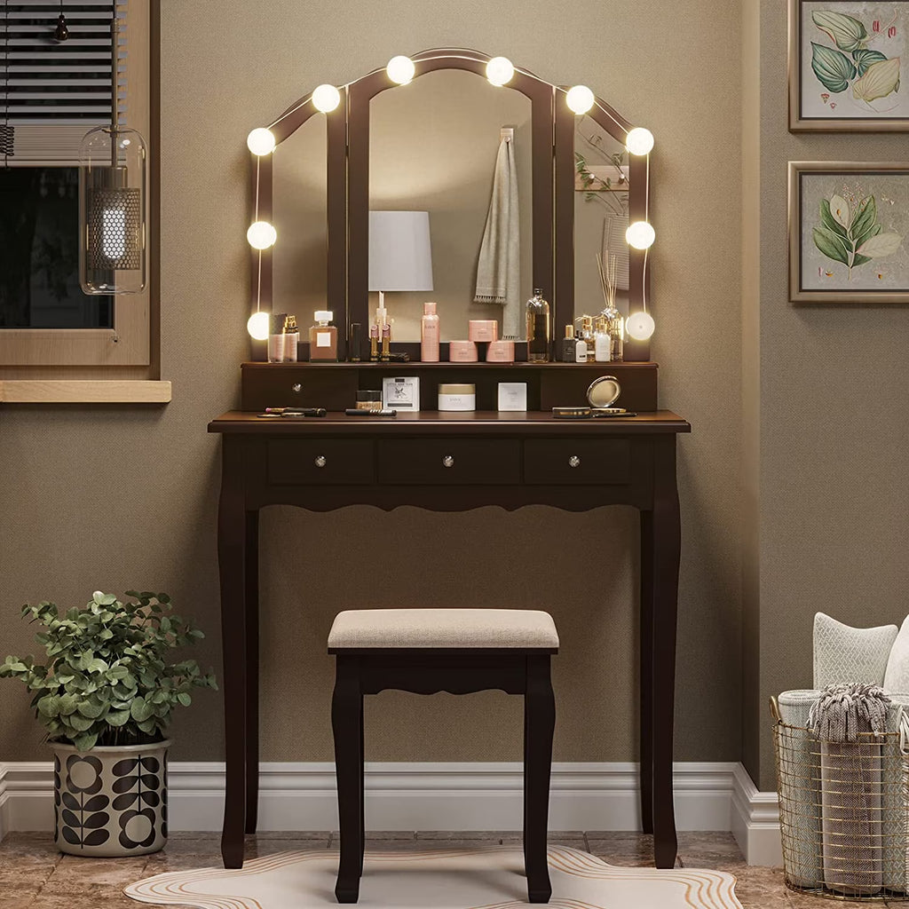 Afuhokles Vanity Table Set with Lighted Tri-Fold Mirror and Stool, Makeup Vanity Dressing Desk 5 Drawers, White