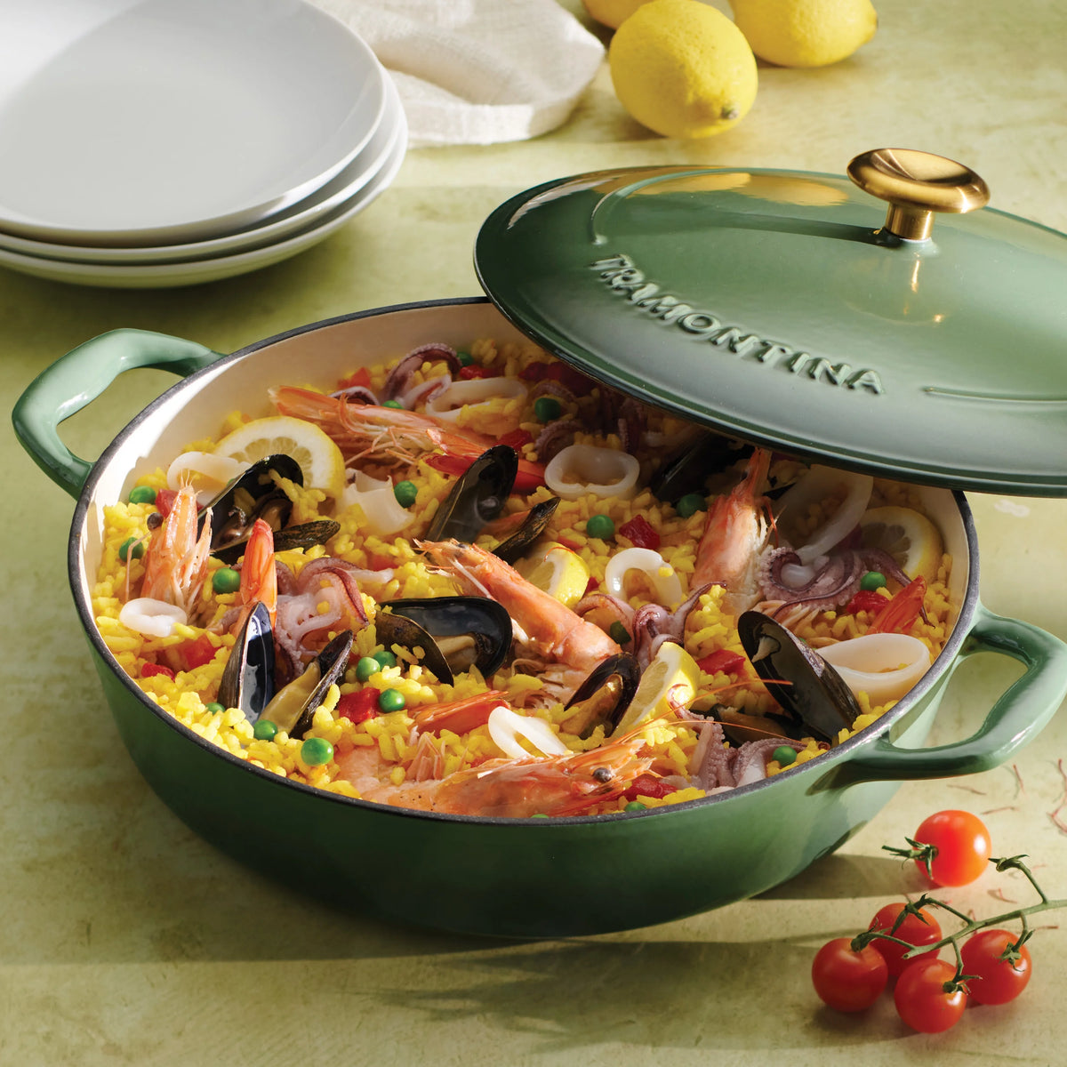 Tramontina Bestow 4-Quart Enameled Cast Iron Braiser with Lid, Cactus with Gold Stainless Steel Knob, Oven-Safe