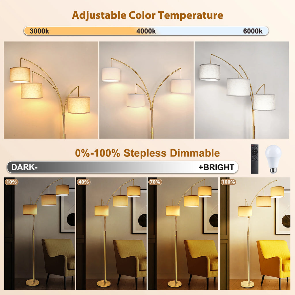 Netin 80 3-Light Modern Dimmable Black Arc Floor Lamp with Beige Shades