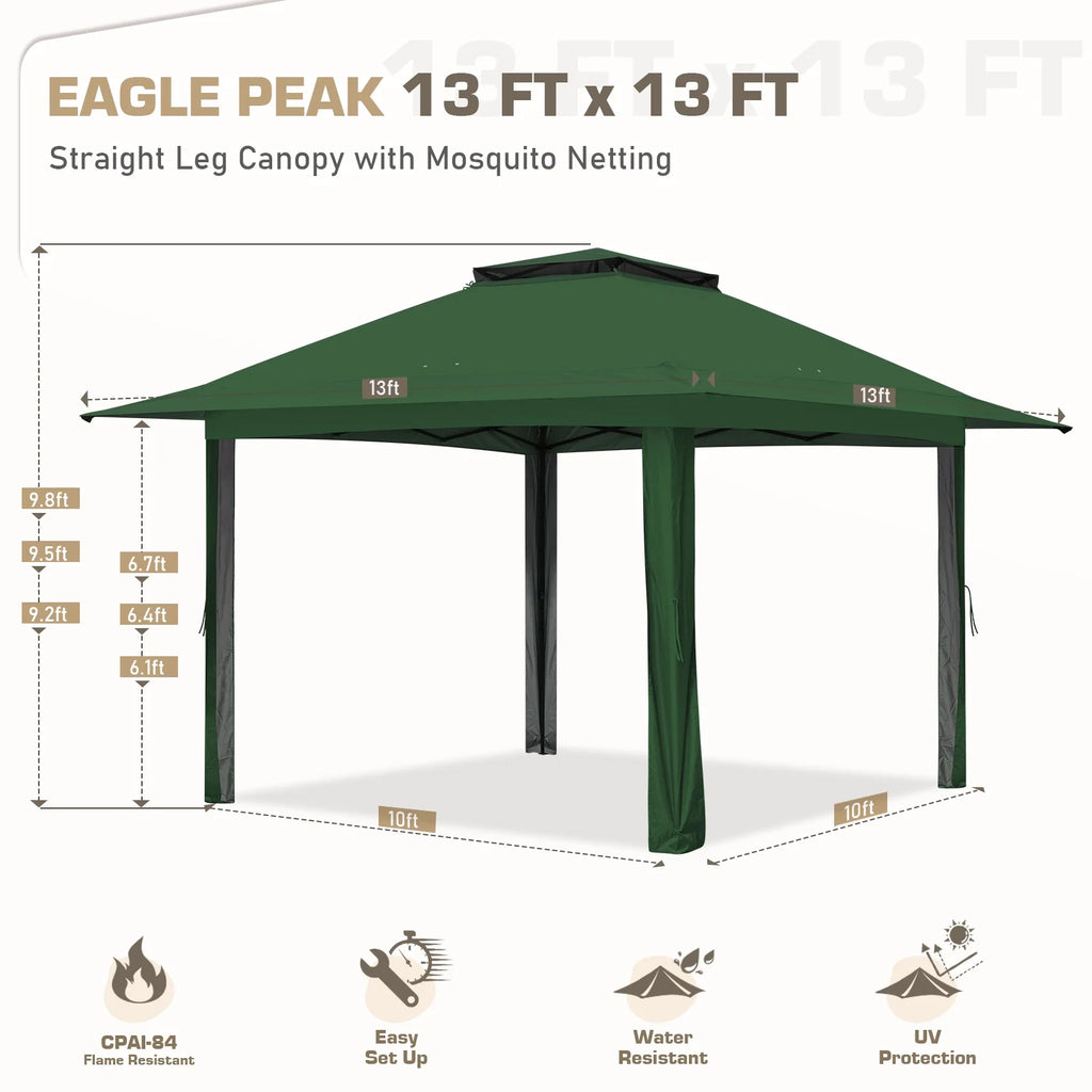 EAGLE PEAK 13' x 13' Pop-Up Gazebo Tent Instant w/Mosquito Netting，Outdoor Gazebo Canopy Easy Set-up Folding Shelter (Beige/Brown)