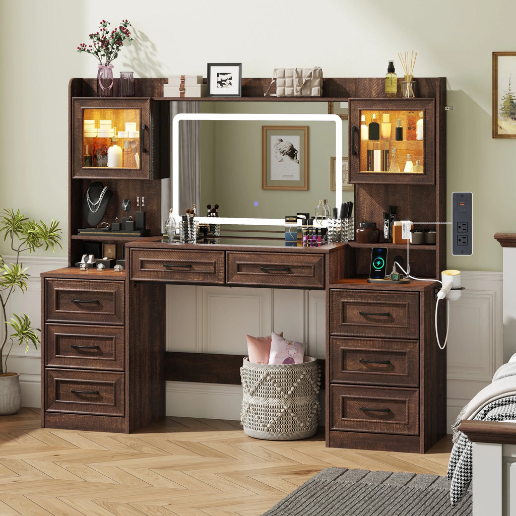 ChVans 62'' Large Vanity Desk with Tempered Glass Top & Charging Station, Farmhouse Makeup Vanity with 8 Storage Drawers & 2 LED Glass Storage Cabinets & 3 Lights Mode LED Mirror for Women Gift