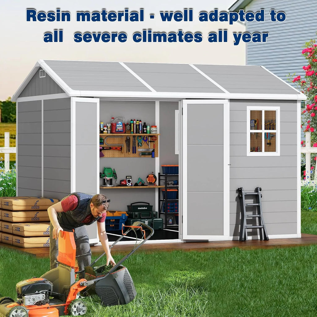 9 x 5.8 FT Outdoor Storage Shed, Linor Resin Shed with Floor, Window, and Vents, Weather-Resistant Garden Shed for Garden Tool Outside Sheds, Bike Shed, Backyard Shed