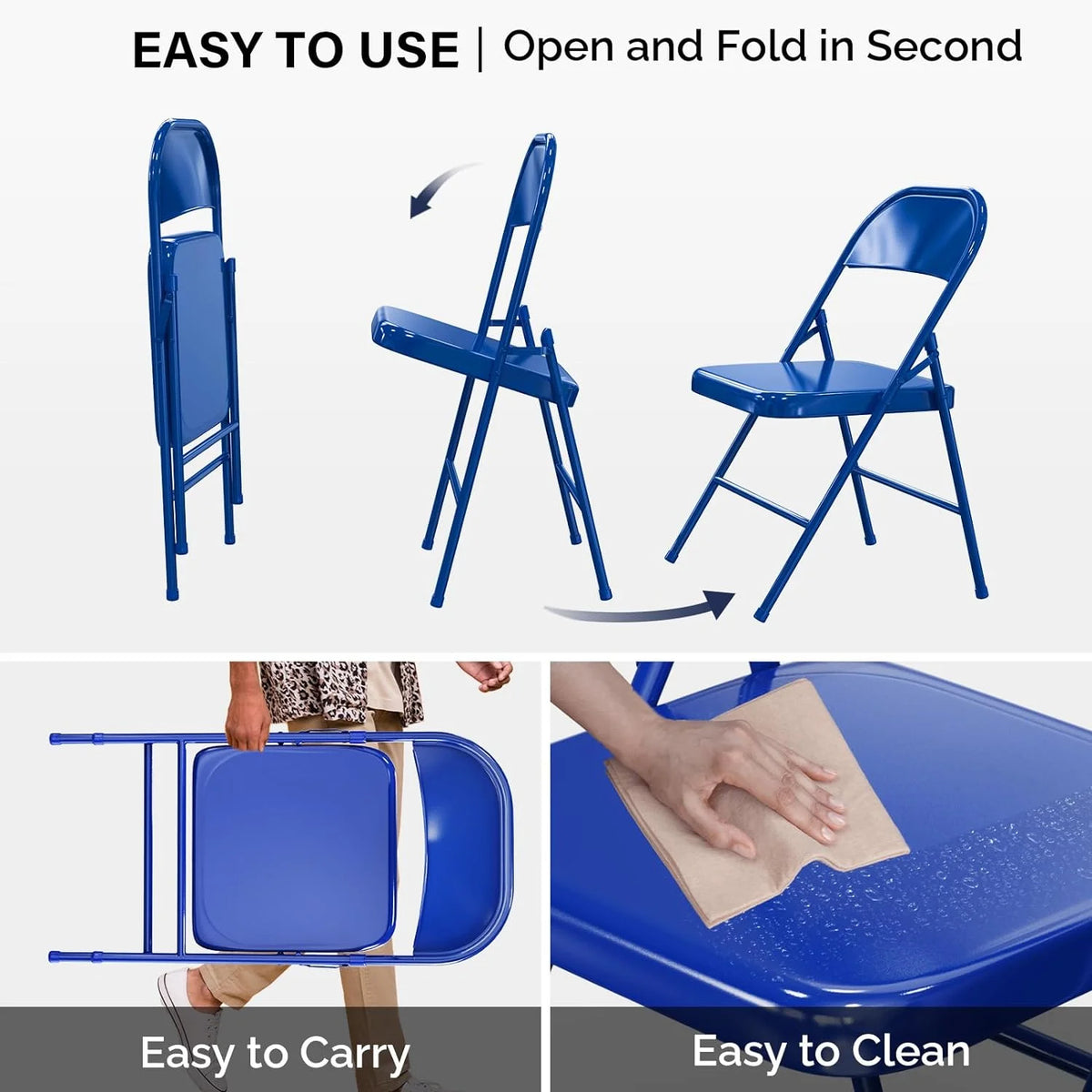 VINGLI Folding Chairs All Steel Metal Frame, Capacity 350 lbs, Durable Portable and Versatile for Indoor Outdoor Use, Black, Set of 8