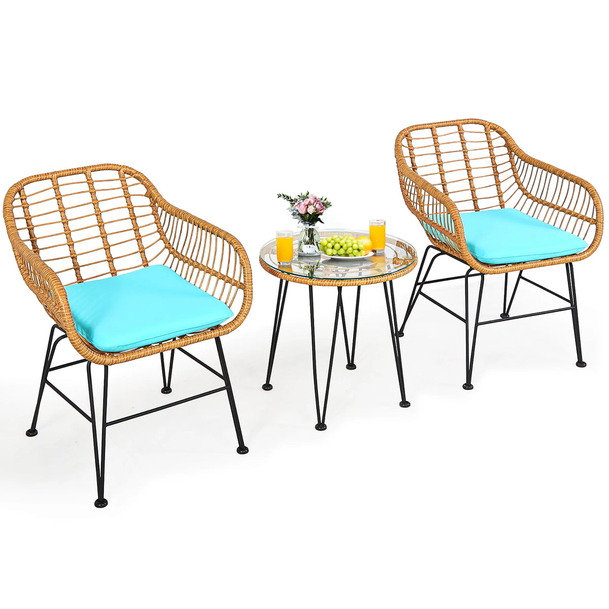 Costway 3PCS Patio Rattan Bistro Furniture Set Cushioned Chair Table Navy
