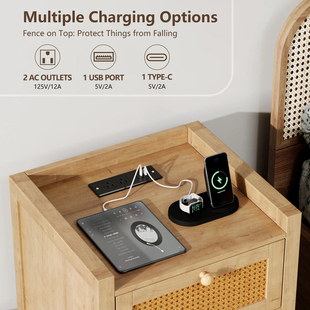 LGHM Nightstand Set of 2 with Charging Station, Farmhouse Bedside Tables Night Stands with Drawer, Boho Side Tables for Bedroom, Living Room, Oak