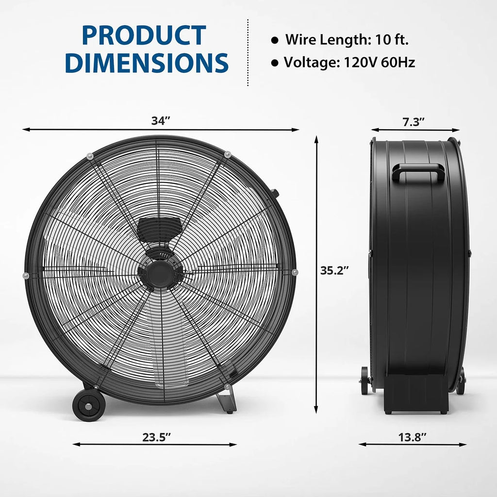 Danolapsi 30 Inch Industrial Drum Fan, 3-Speed High Velocity Floor Fan, Heavy Duty Metal Air Circulator with Caster Handle for Patios, Warehouses, Commercial, Factories and Workshops