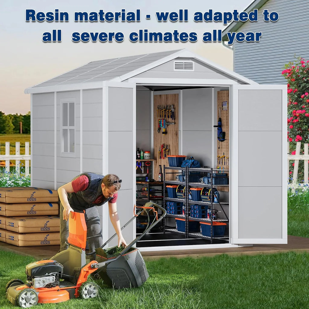 9 x 5.8 FT Outdoor Storage Shed, Linor Resin Shed with Floor, Window, and Vents, Weather-Resistant Garden Shed for Garden Tool Outside Sheds, Bike Shed, Backyard Shed