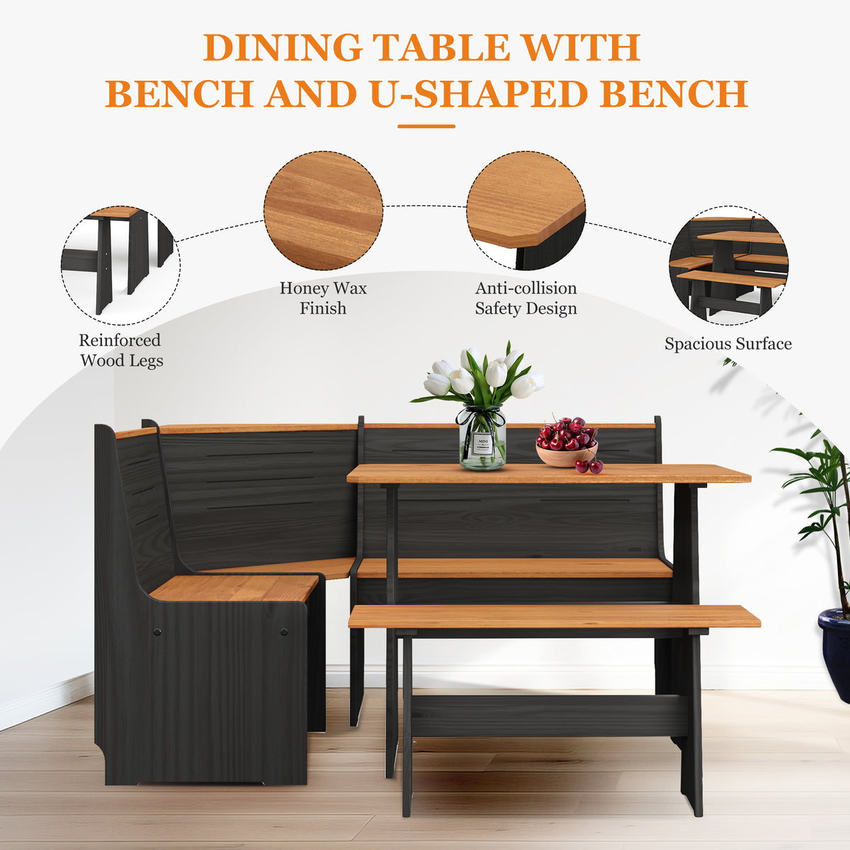 Breakfast Nook Kitchen Corner Dining Table Bench Chair Set, Space-Saving 3-4 Seat L-Shape Farmhouse Mid Century Modern Style for Family Home Black Wood