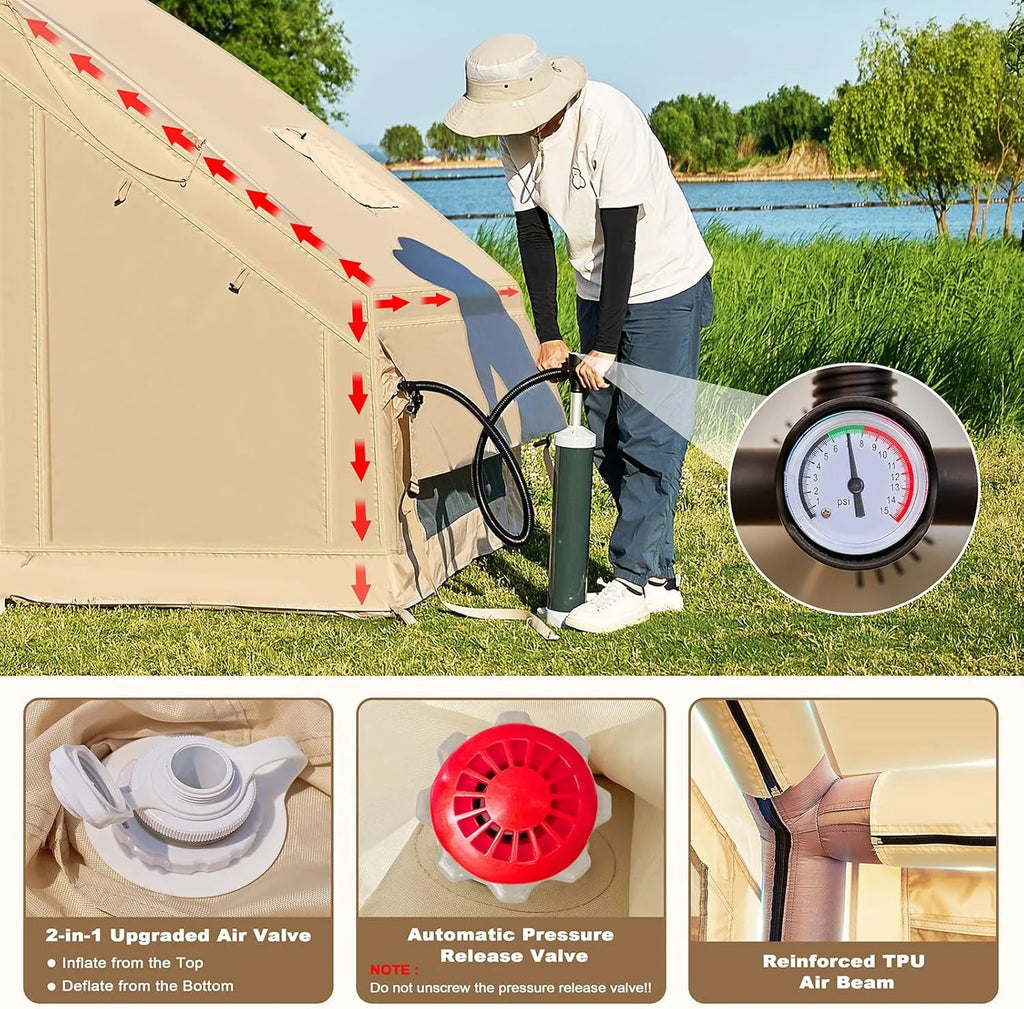 Inflatable Tents for Camping, Blow Up Tent with Canopy, Easy Setup Inflatable Camping Tent with Stove Jack, Waterproof Oxford Air Glamping Tents for Camping Adult 8-10 Person