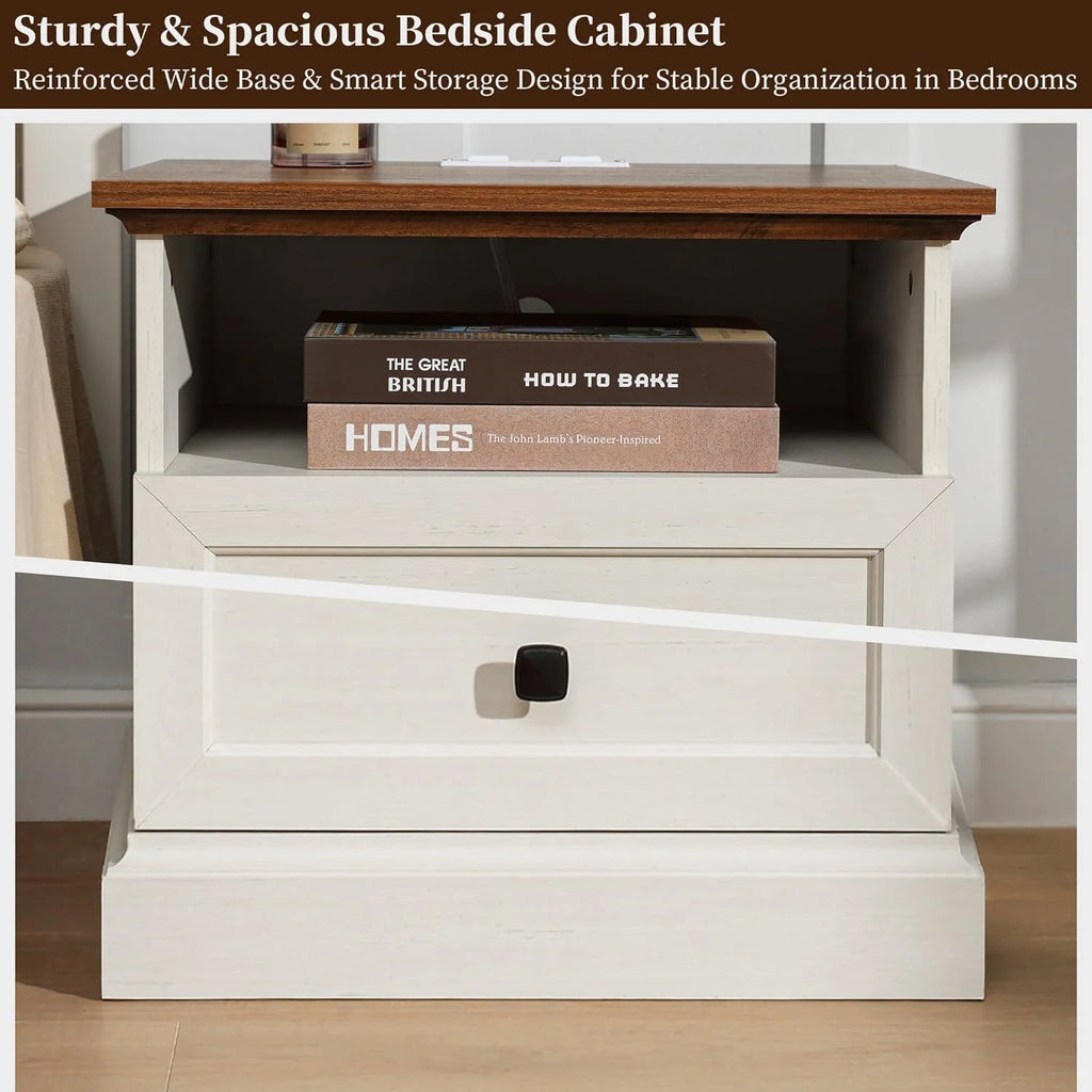 FIAKOA Night Stand Set of 2 with Charging Station, Bedside Table with 2 Drawers Storage and Open Shelf, White Farmhouse Nightstands  for Bedroom Office