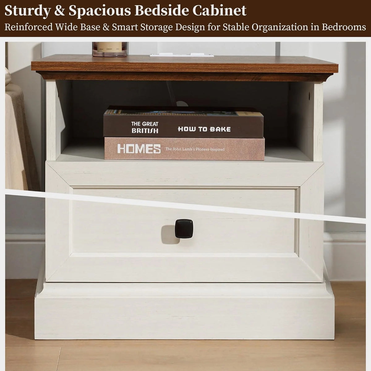 FIAKOA Night Stand Set of 2 with Charging Station, Bedside Table with 2 Drawers Storage and Open Shelf, White Farmhouse Nightstands  for Bedroom Office