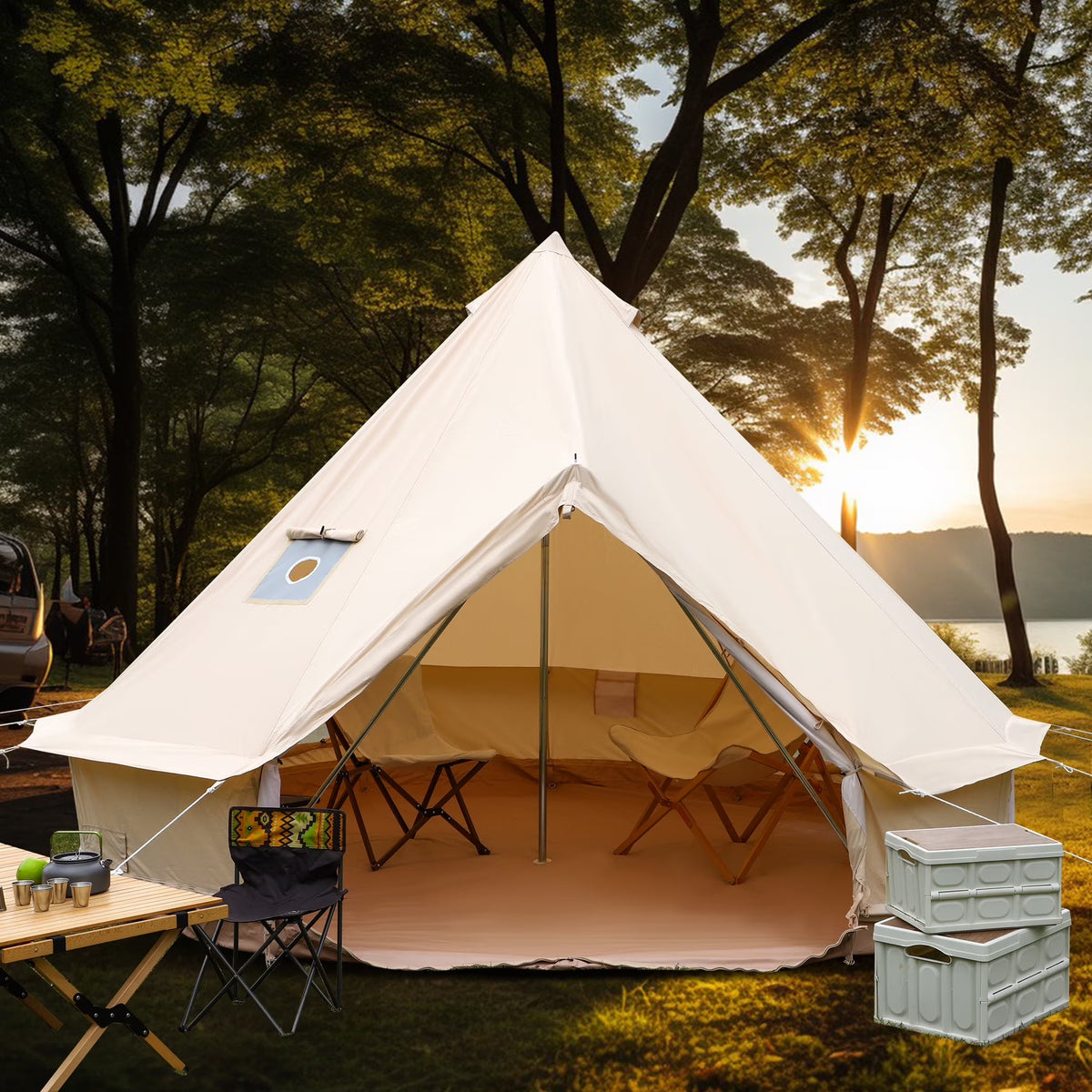 LVUYOYO Bell Tent for Camping, Cotton Canvas Bell Tent with Stove Jack, Outdoor Canvas Bell Tent for Family Glamping Camping, 4 Season Tent with Zipped Removable Floor,5M,Green