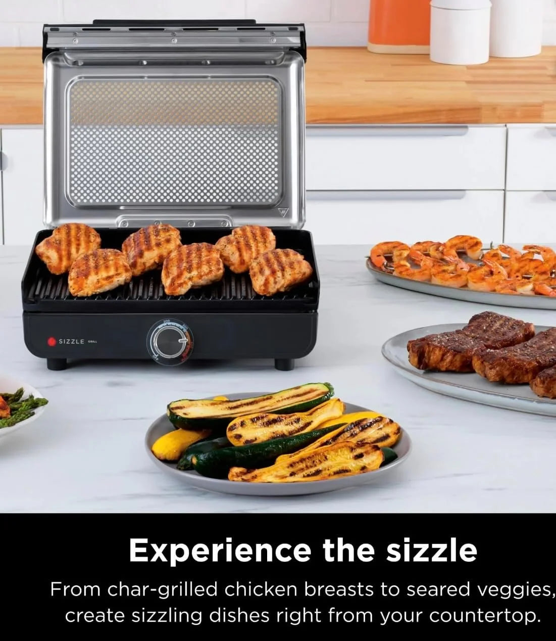 Ninja Sizzle Indoor Grill, 500F High Heat Kitchen Grill with Nonstick 14 Inch Plate, Low-Smoke Technology, Edge-to-Edge Heating, Family-Sized Capacity, Countertop Cooking Tool (GR100)