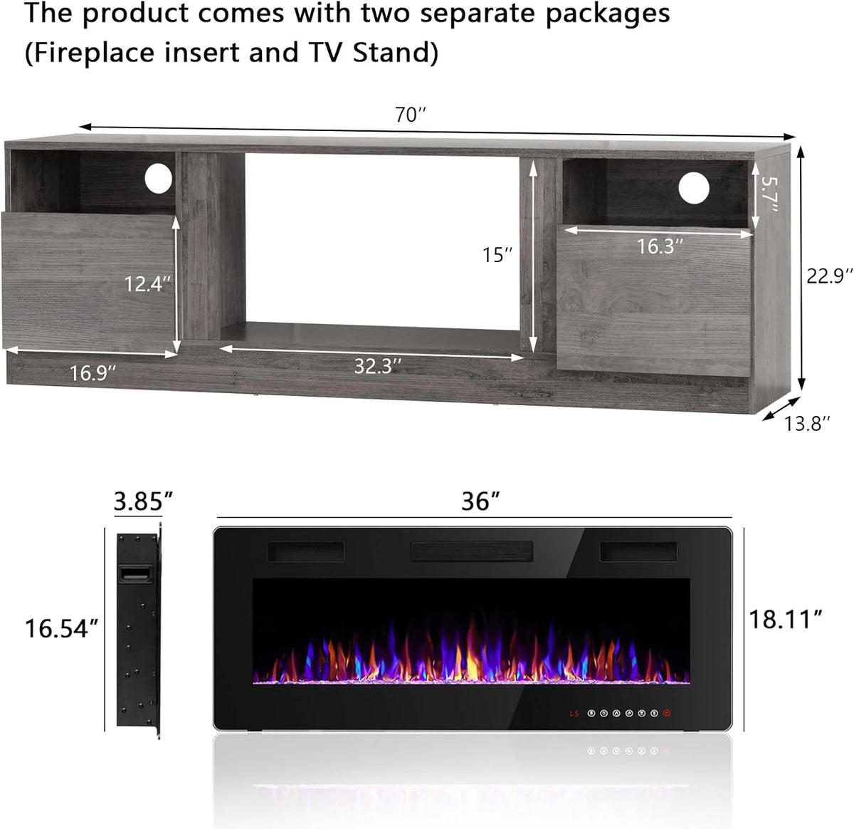 Waleaf Fireplace tv Stand with 36 inch Fireplace Up to 80" TVs,LED Light Entertainment Center and Storage