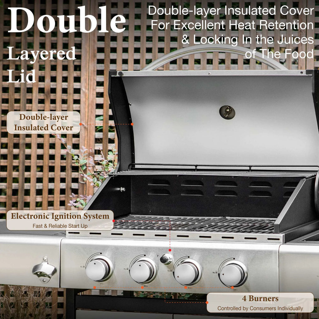 MF Studio 4 Burner Propane Gas Outdoor Grill with Side Burner Stainless Steel BBQ Grill