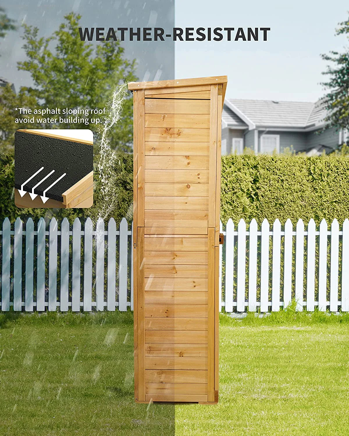 Lofka Outdoor Storage Cabinet Garden Shed w/ Asphalt Roof, Wooden, Natural