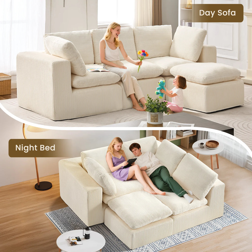 Cloud Sectional Couches for Living Room, Modular L-Shaped Sofa with Ottoman, Corduroy Sleeper Sofa Bed, No Assembly Compression Memory Foam Couch,White