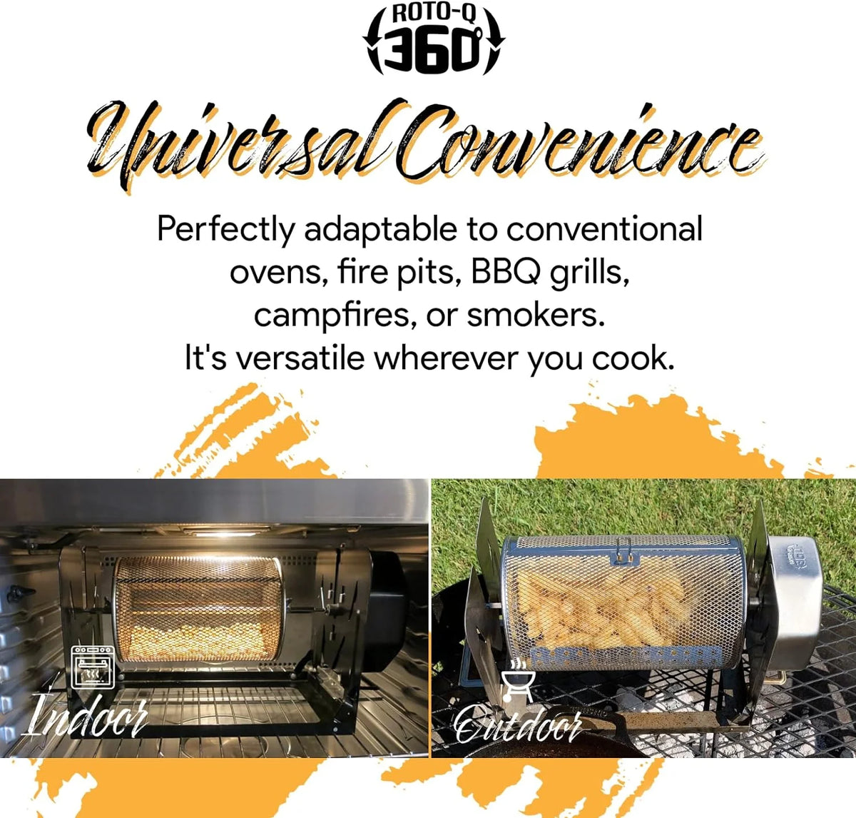 ROTO-Q 360 Cordless Rotisserie Kit w/Tumble Basket - Stainless Steel, Non-Electric - For Grills, Ovens, Smokers - Gas/Charcoal BBQ, Kamado Joe, Green Egg, Kettle - Indoor/Outdoor Use