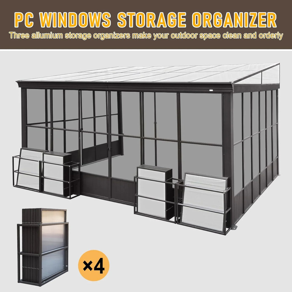 TOTAL Outdoor 10'x12' All-Season Sunroom Gazebo with Steel Roof, PVC Screen, Front & Side Door, Brown