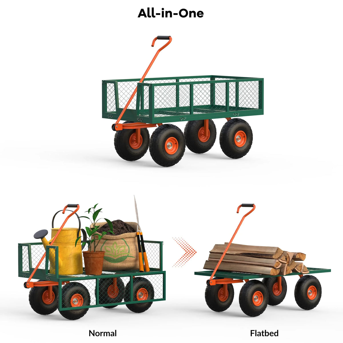 Heavy Duty Steel Garden Cart, Garden Wagon Cart on Wheels, Outdoor Metal Yard Utility Wagon Carts  w/Adjustable Handle & Removable Sides(Convert to Flatbed)