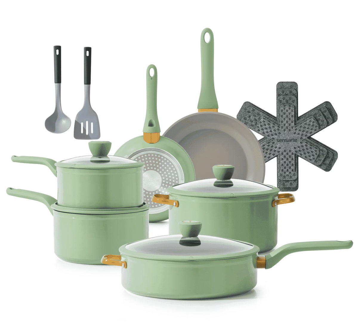 SENSARTE Nonstick Pots and Pans Set, 18Pcs Non Stick Cookware Sets, Induction Kitchen Cookware Sets Green
