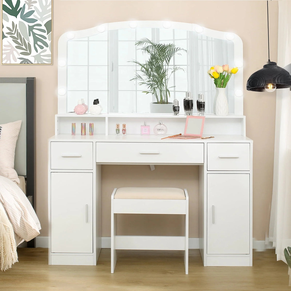 USIKEY Large Vanity Set with Large Lighted Mirror, Modern Makeup Vanity Table with 3 Drawers, 2 Storage Cabinets & 10 LED Bulbs and Cushioned Stool for Women, Bedroom, WhiteSZT32WD