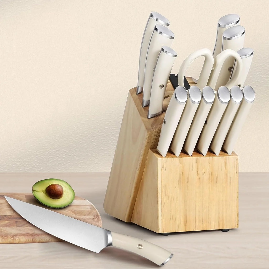Ivory Knife Block Set (15-PCS) High Carbon Stainless Steel, Built-in Sharpener, Forged Chef Blades