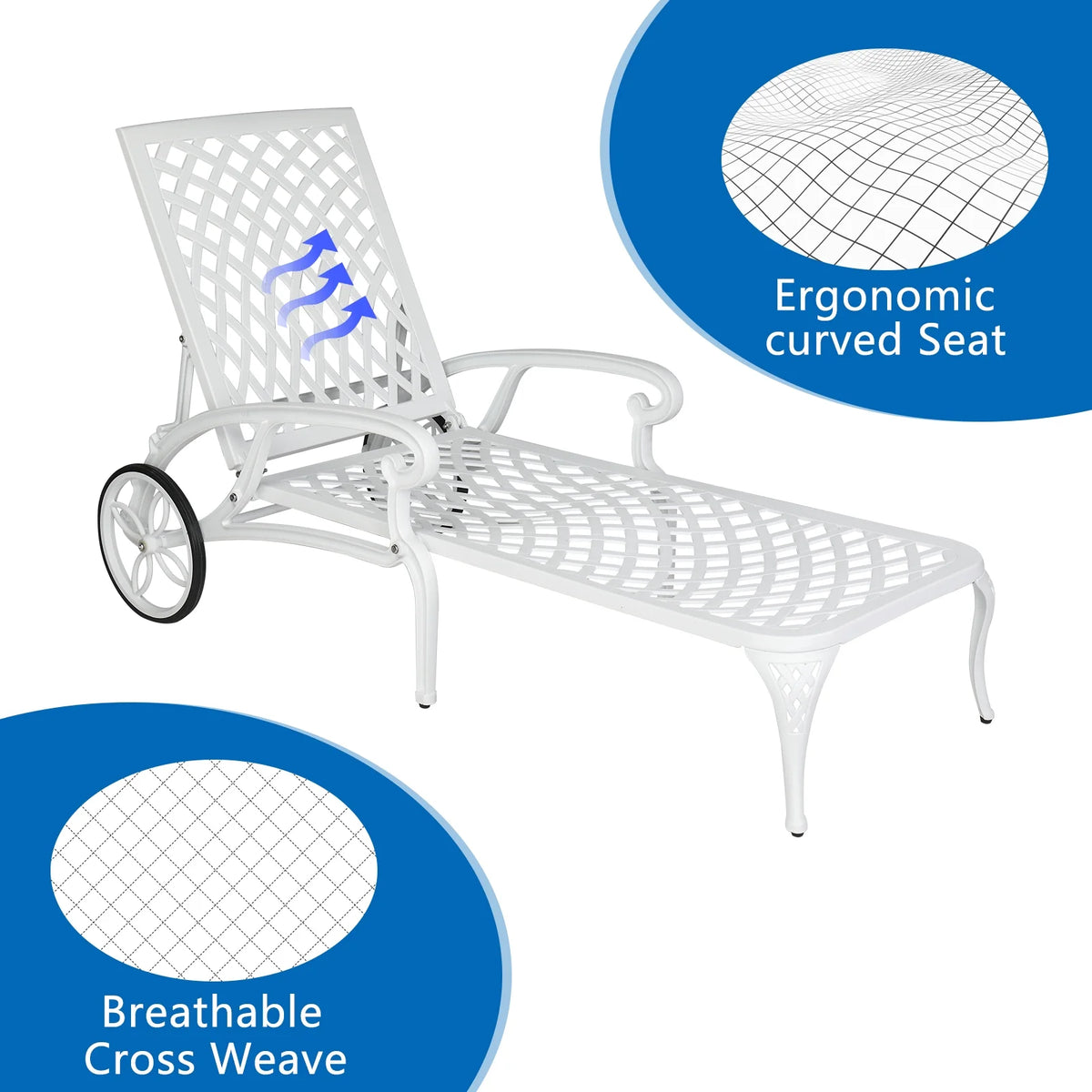 Zimtown Cast Aluminum Lounge Chair Adjustable Patio Recliner, Patio Chaise Chair, Heavy Duty Lying Bed for Garden, Poolside, Yard, Lawn, Black