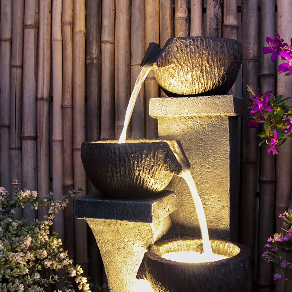 Outdoor Water Garden Fountain 37.40 H Waterfall Small Fountains Cascading Bowl and Jar Water Feature with LED Light for Backyard Patio Porch and Home Art Decor
