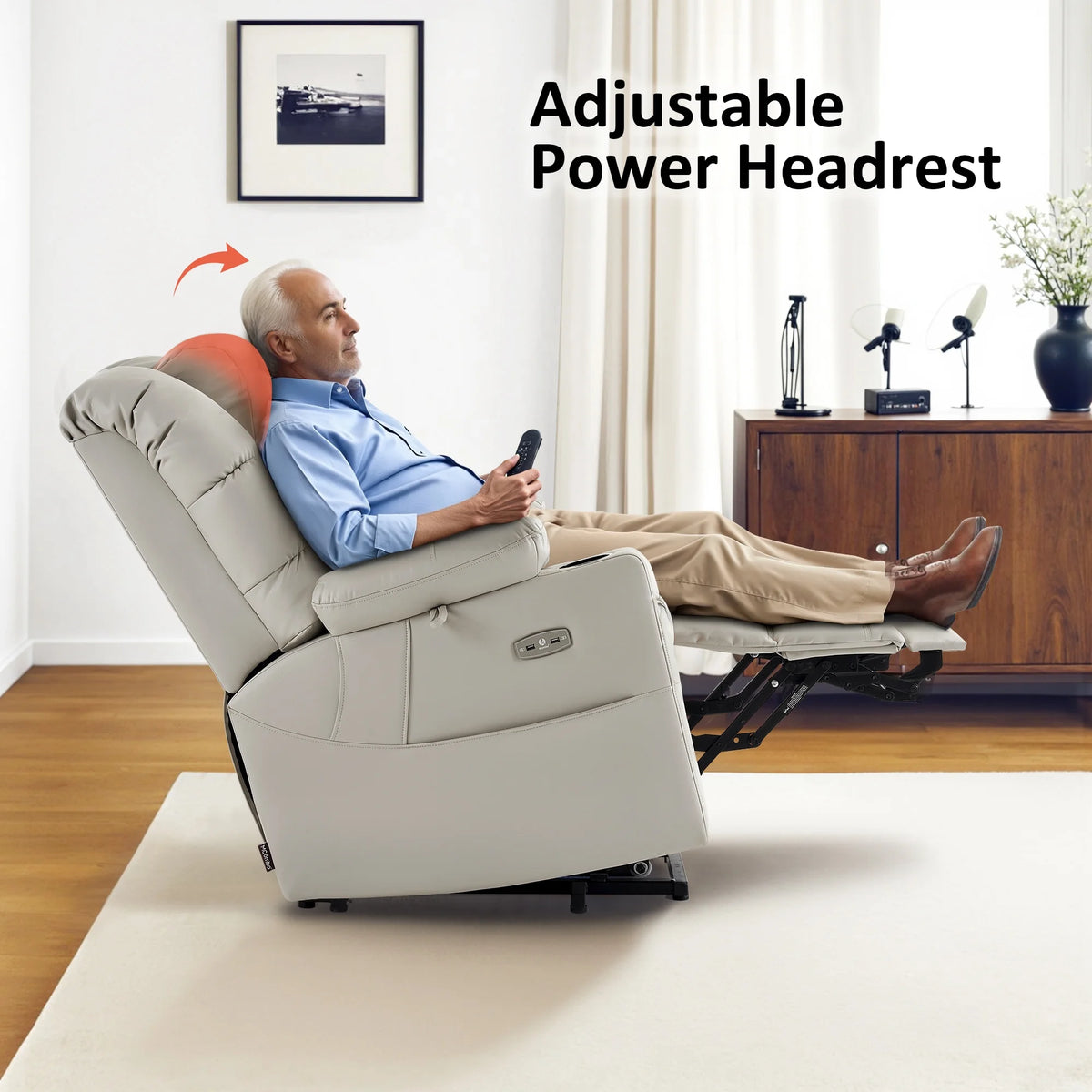 MCombo Triple Motor Power Lift Recliner for Elderly, Sleep Recliner Sofa with Adjustable Headrest, Faux Leather, Dark Brown