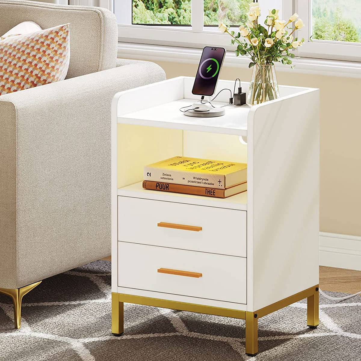 DEXTRUS Side Table with Charging Station, 3-Drawer LED Light Bedside End Table Nightstand for Bedroom Living Room Small Space, White