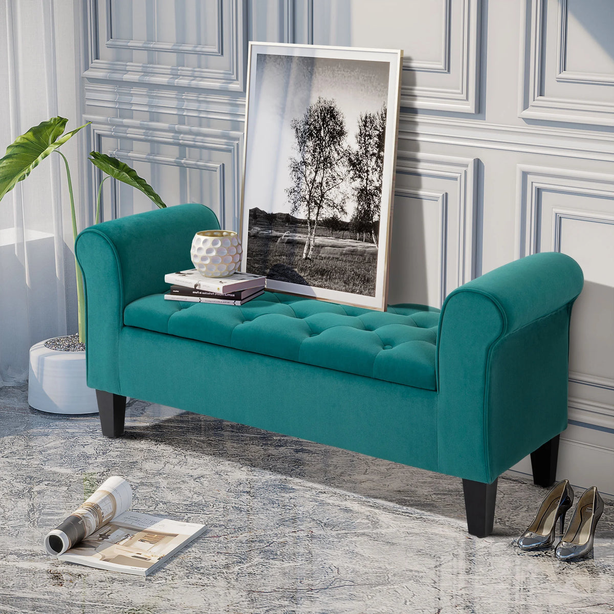HOMCOM Button-Tufted Storage Ottoman Bench, Upholstered Bench with Rolled Armrests for Living Room or Hallway, Blue