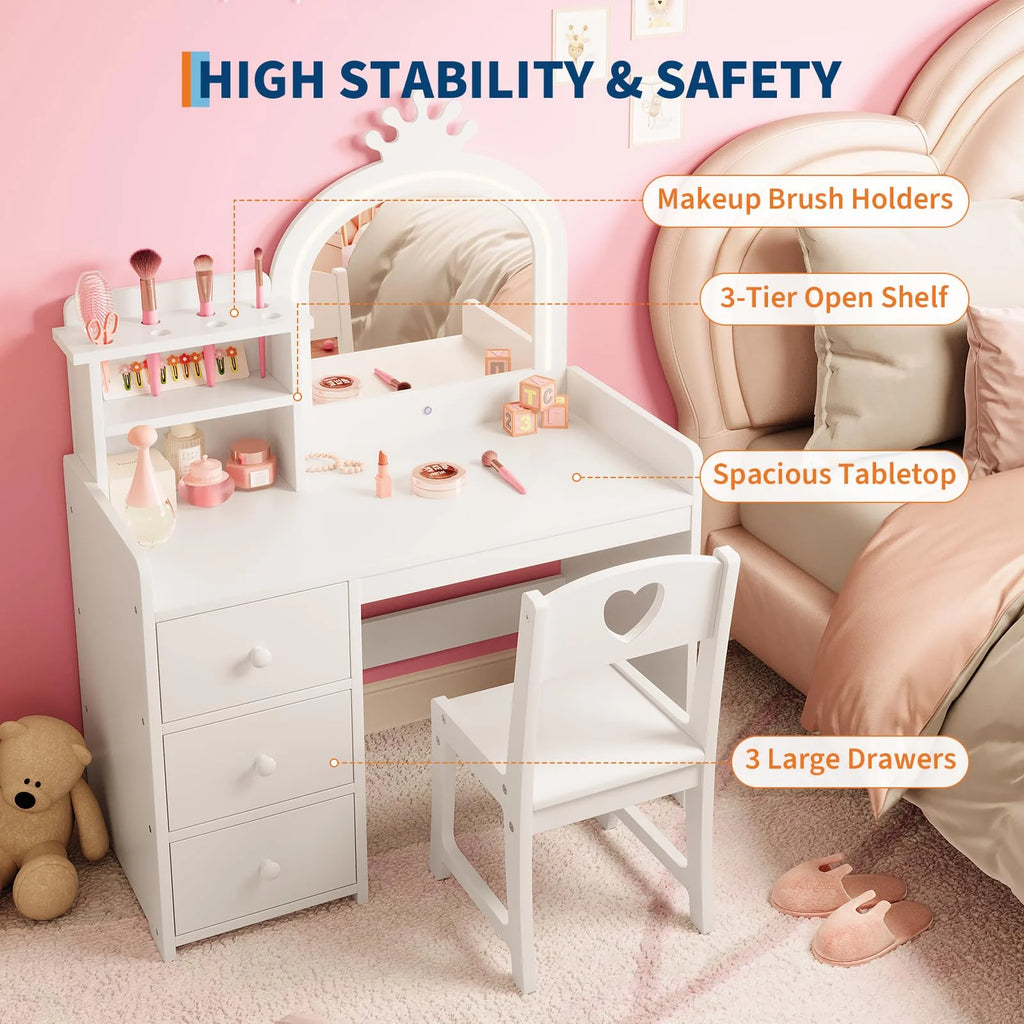 Yeshouse Princess Girls Makeup Vanity Table Set with Storage & Lights