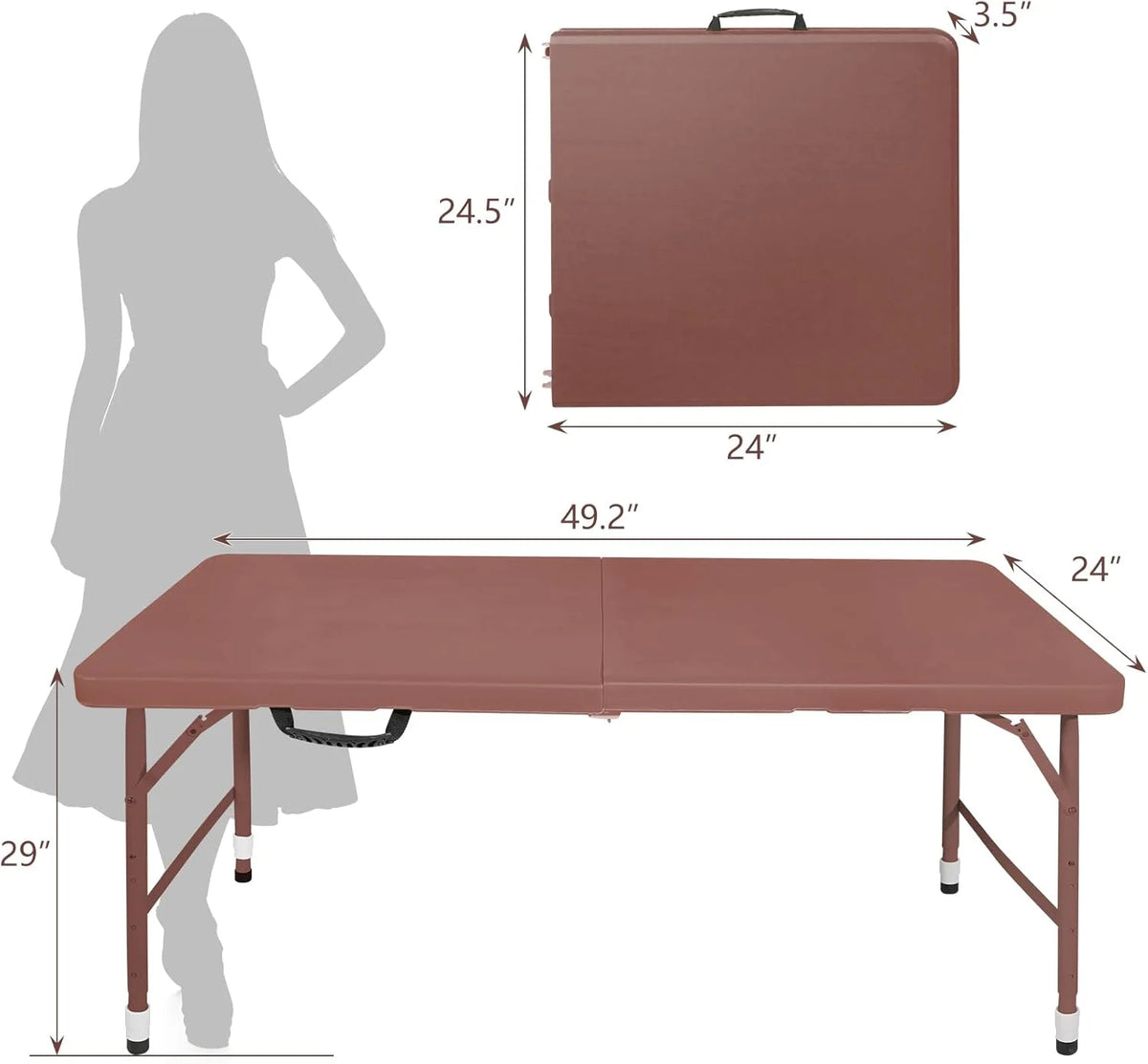 Folding Table with Carry Handle, Portable Fold-in-Half Plastic Table, Rectangle Foldable Table for Indoor