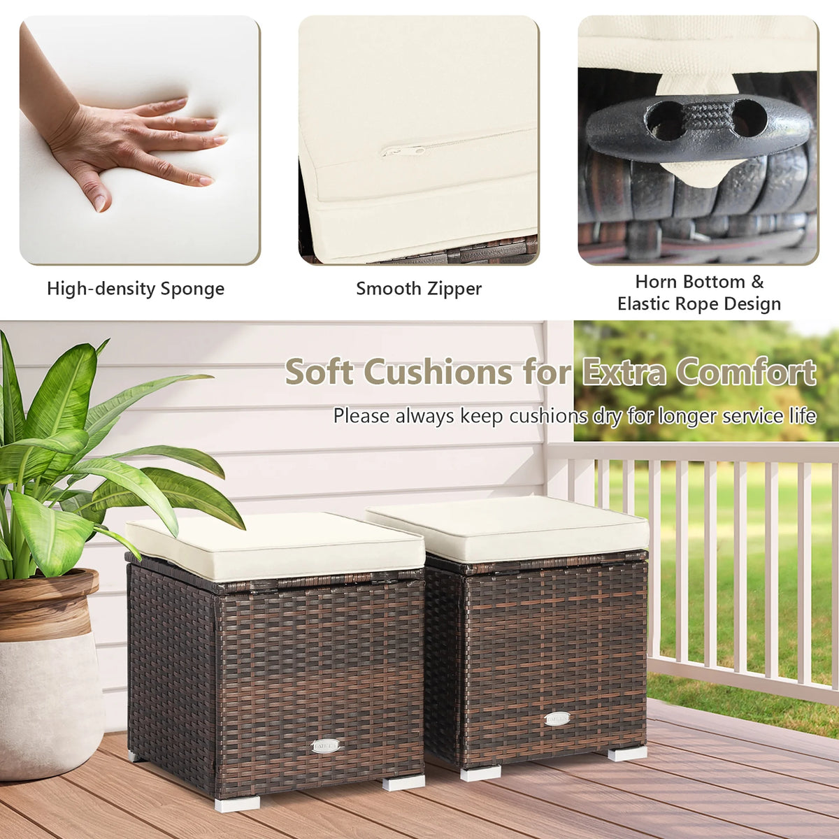 Costway 2PC Patio Rattan Ottoman Seat Side Table Storage Box Footrest Off White