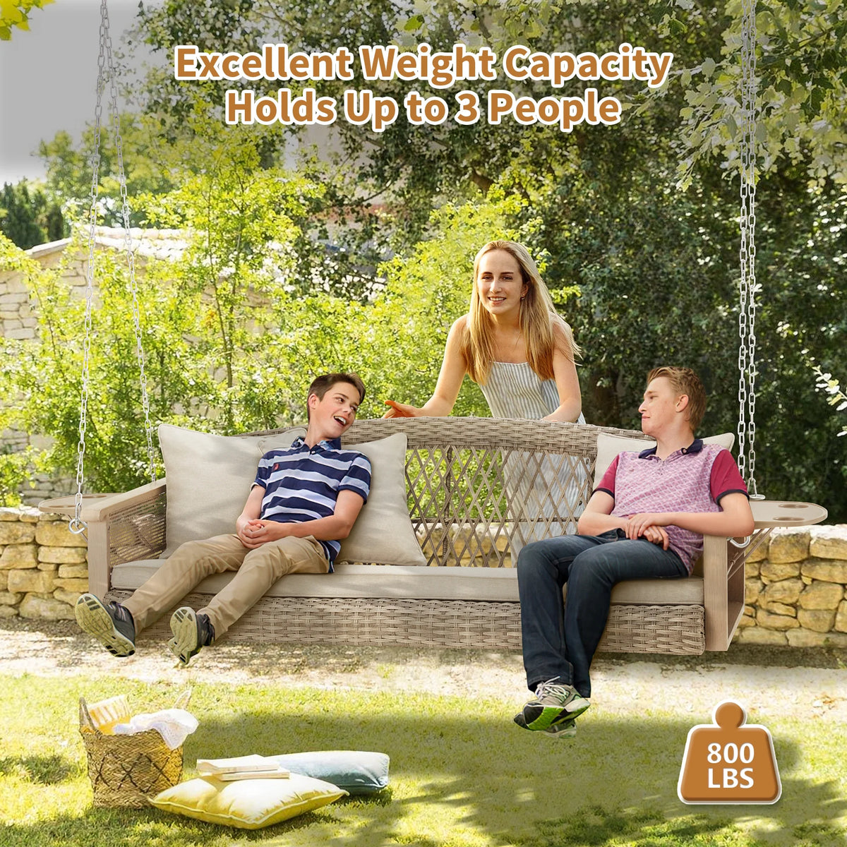 Homrest 3-Person Porch Swing 55in Wicker Hanging Swing Bench with Cushions and Cupholders for Deck, Garden and Backyard, Beige