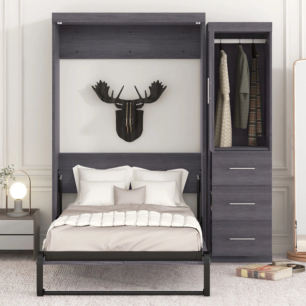 Euroco Wood Full Size Murphy Wall Bed with Wardrobe and Drawers for Living Room, Moveable Wardrobe and Drawers, Space-Saving & Easy Open and Close for Kids Teens Adults, Gray