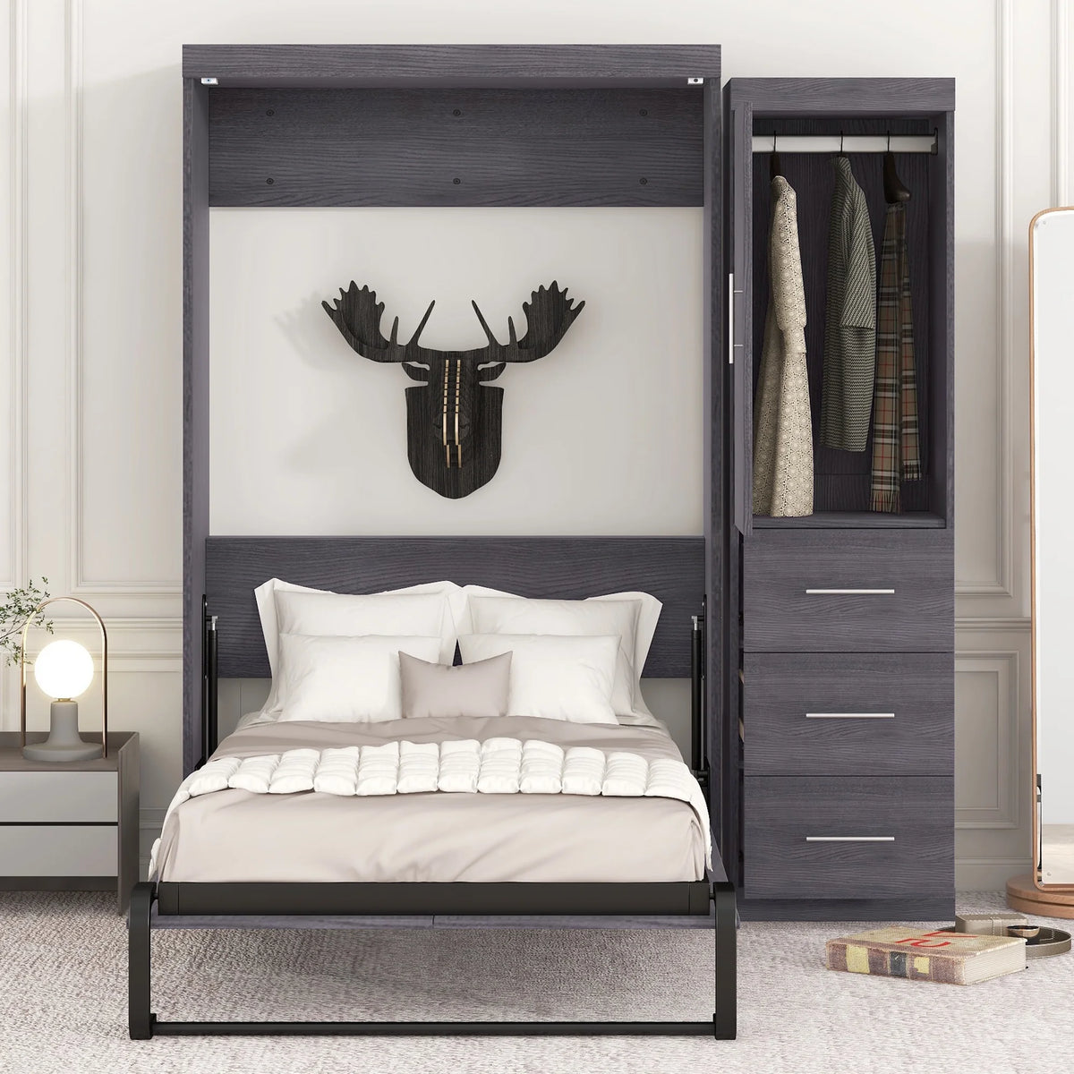 Euroco Wood Full Size Murphy Wall Bed with Wardrobe and Drawers for Living Room, Moveable Wardrobe and Drawers, Space-Saving & Easy Open and Close for Kids Teens Adults, Gray