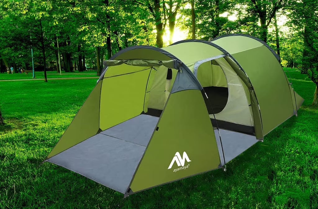 ASTRAEA 4 Person Tents for Camping, Waterproof Camping Tunnel Tent with 2 Divided Rooms for Bikepacking Motorcycle Travel Hiking Mountaineering, Green