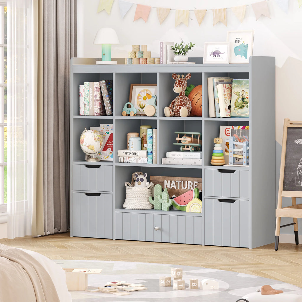 Homfa Kids Toy Storage Organizer with Cubby, Kids Toy Storage Chest with Removable Drawers, Kids Bookcase for Playroom Bedroom Living Room, Gray