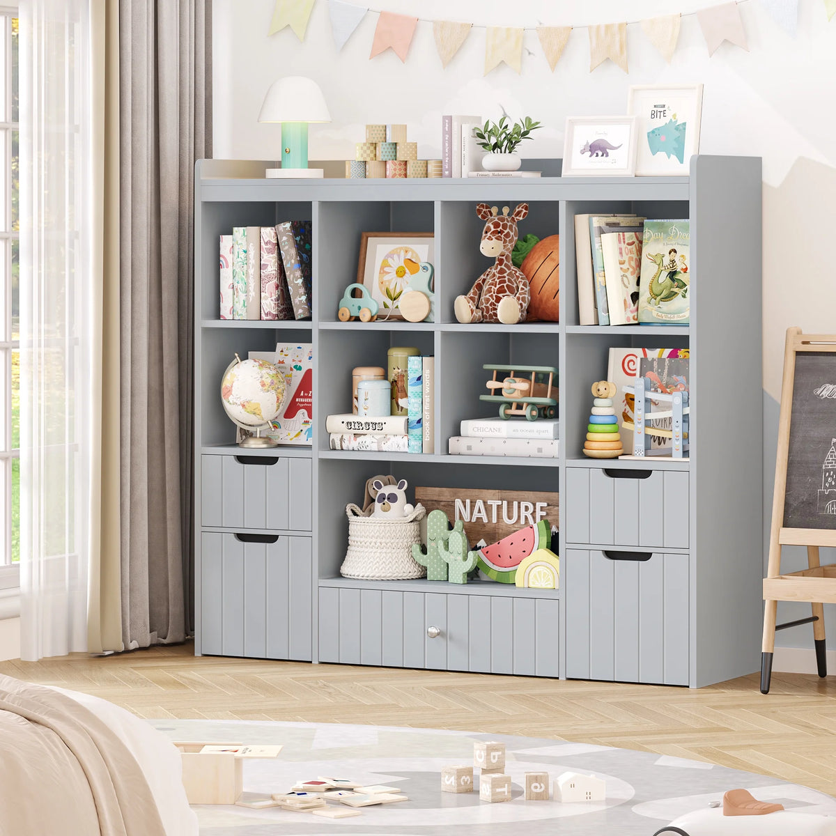 Homfa Kids Toy Storage Organizer with Cubby, Kids Toy Storage Chest with Removable Drawers, Kids Bookcase for Playroom Bedroom Living Room, Gray