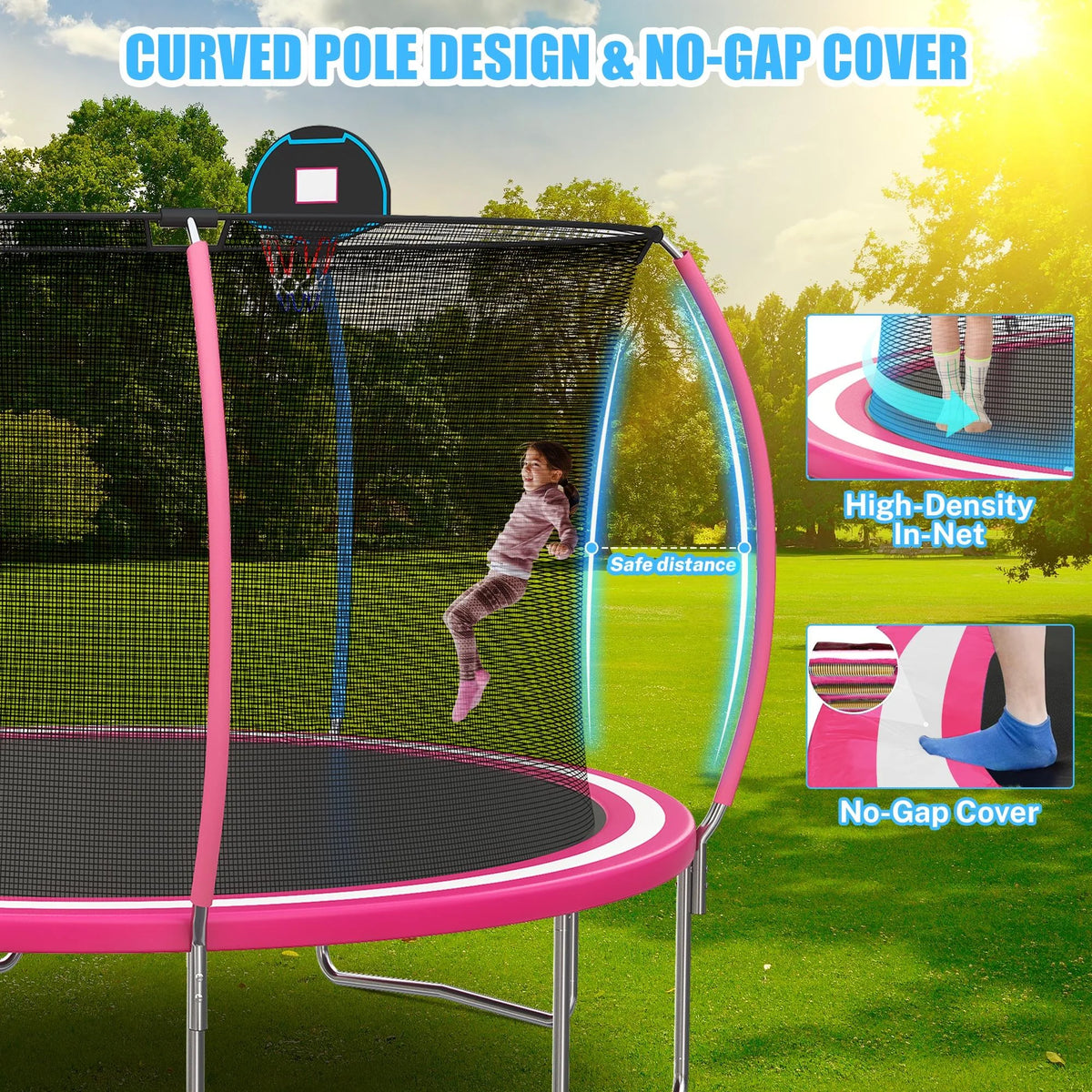 Trampoline Outdoor, 14FT Kids Trampoline with Enclosure Net and Ladder, Upgrade All-Weather Round Trampoline Curved Design with 5 Heavy-Duty Steel Legs