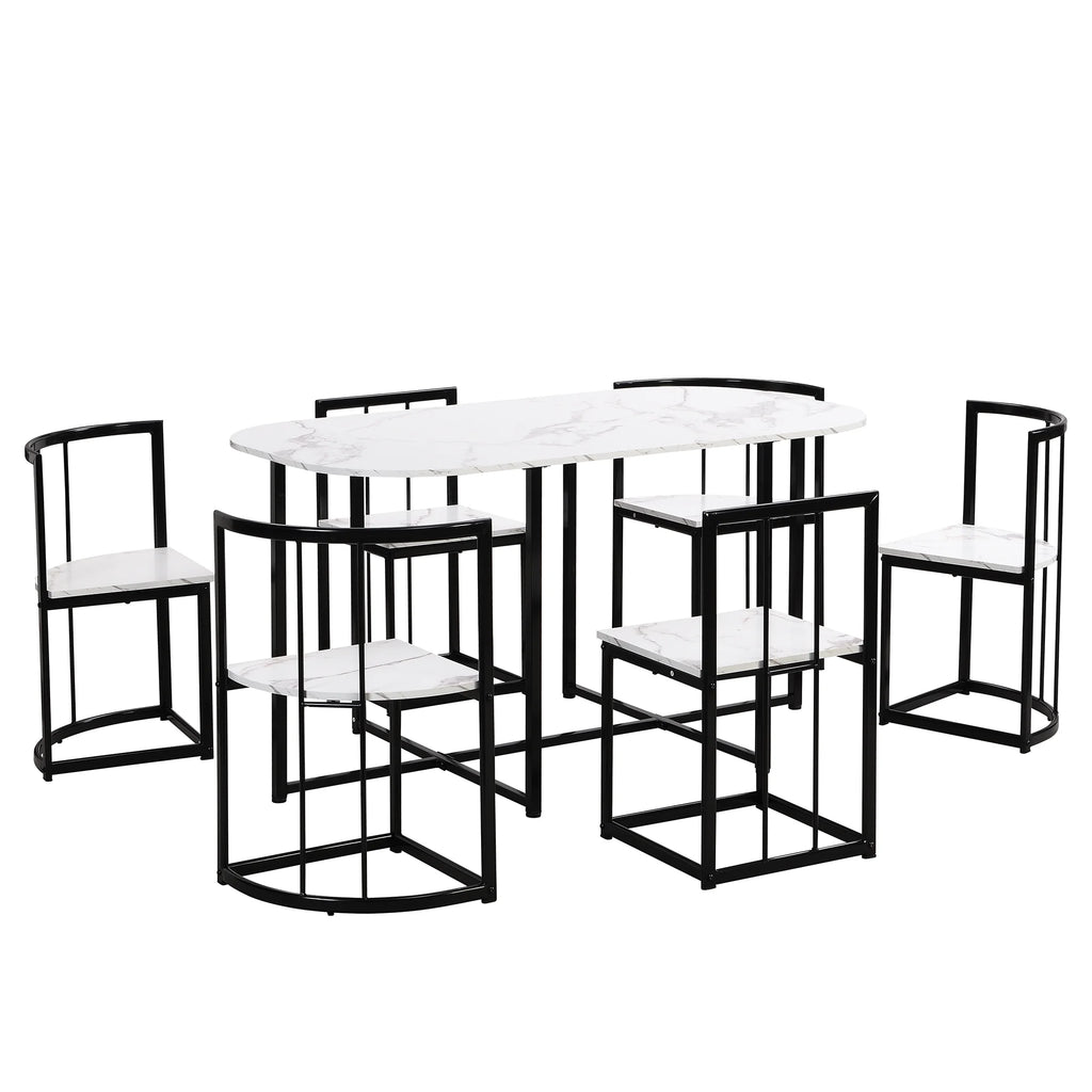7-Piece Dining Table Set with 6Stools - Industrial Compact Kitchen Table & Chairs Sets, Space-Saving Design for Apartment, Small Space, Breakfast Nook