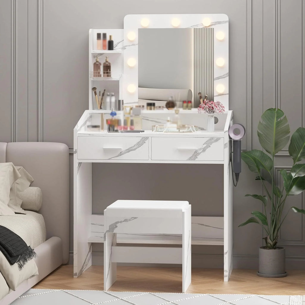 OYang Makeup Vanity with Lights, Vanity Desk with Mirror and Lights Set, Large Drawer and Two-Tier Lots Storage Cabinet, 3 Lighting Modes Adjustable Brightness