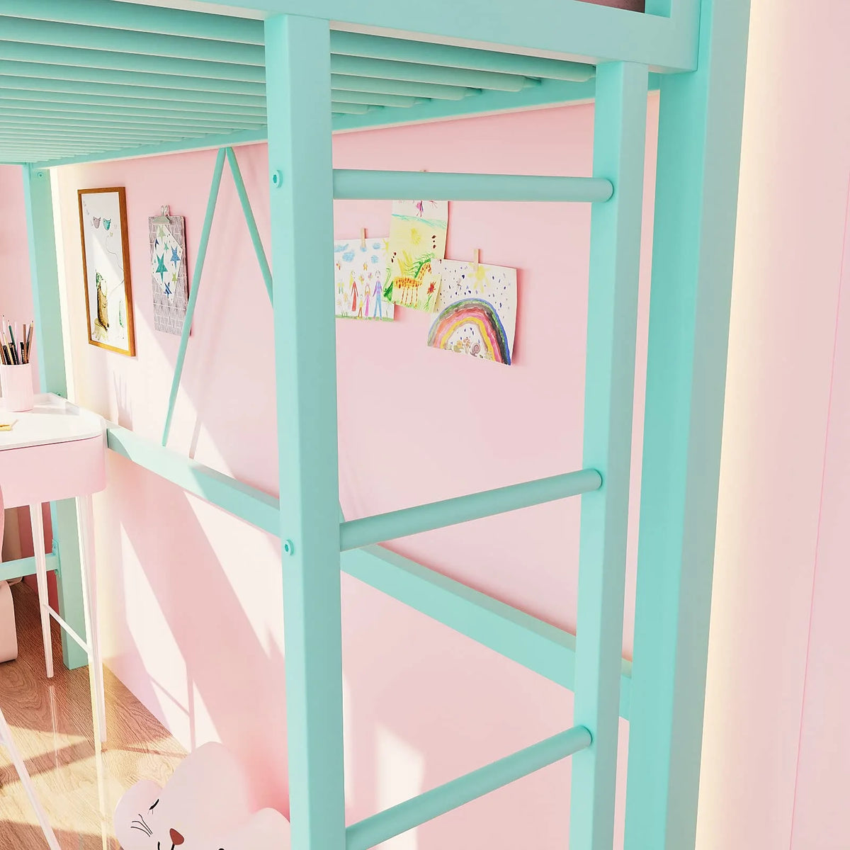 Einfach Metal Twin Size Loft Bed with Removable Ladder & Full-Length Guardrail, White