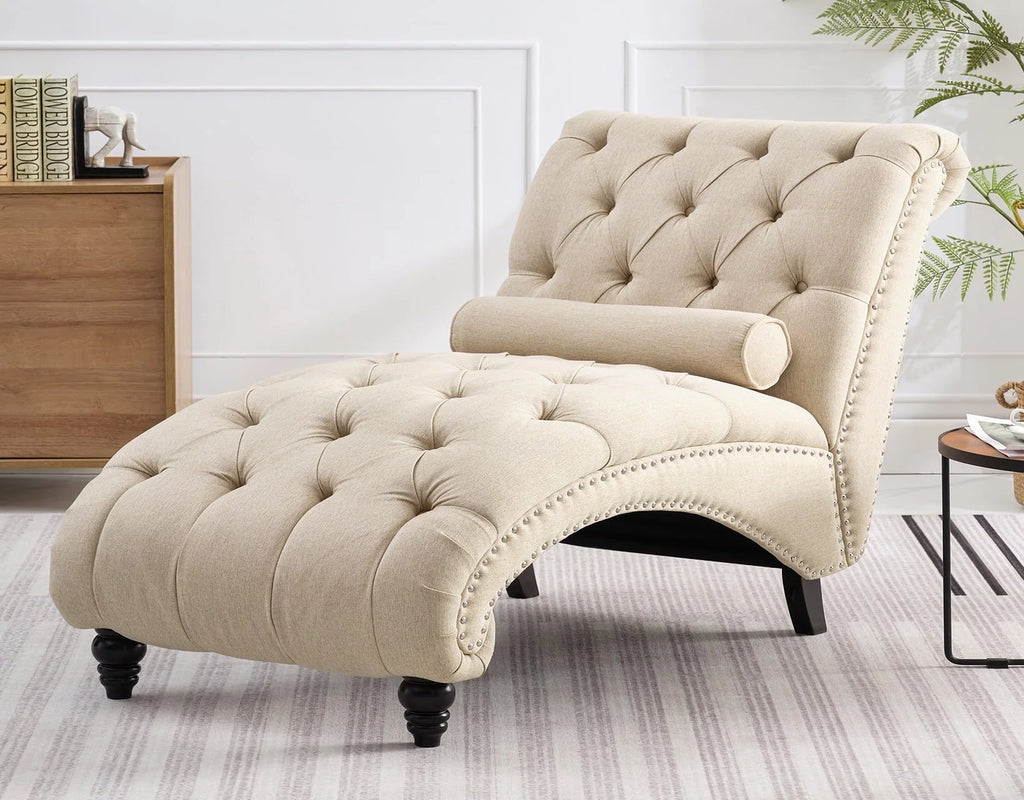 ZAFLY Chaise Lounge Indoor, Lounge Chair with Wood Legs, Leisure Accent Chair, Upholstered Lounge Couch for Bedrooom/Living Room, Beige