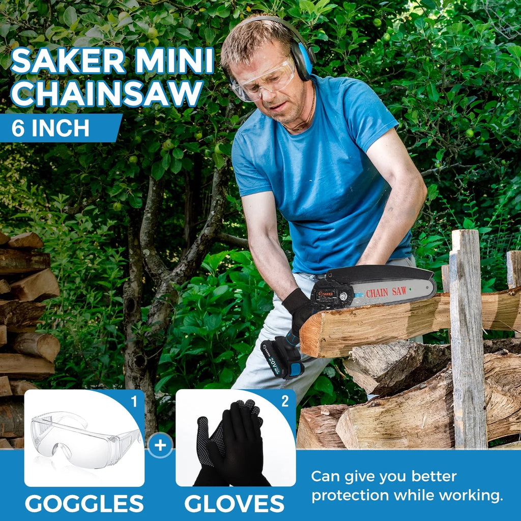 Saker 6 Inch Mini Chainsaw, Handheld Pruning Chainsaw, Electric Cordless Chainsaw for Tree Branches, Courtyard, Household & Garden, With 2PCS 20V 1500mAh Batteries & 3 PCS Chains